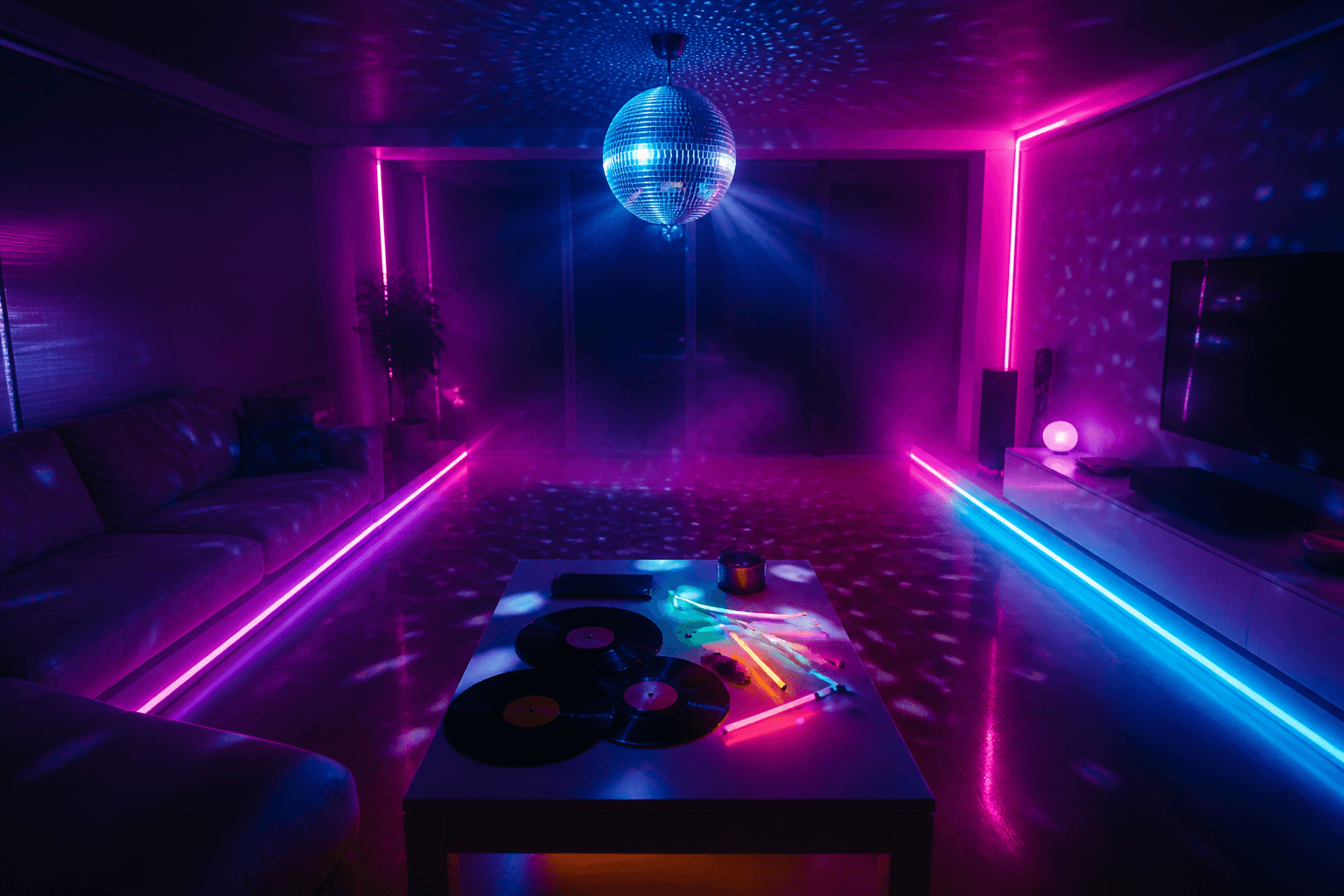 Salon transformé en dancefloor néon
